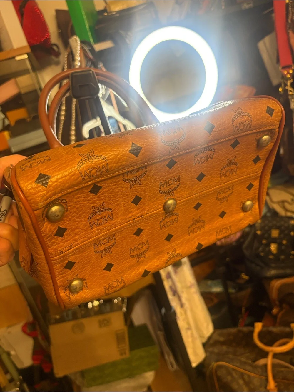 MCM Cognac Brown Visetos Monogram Satchel